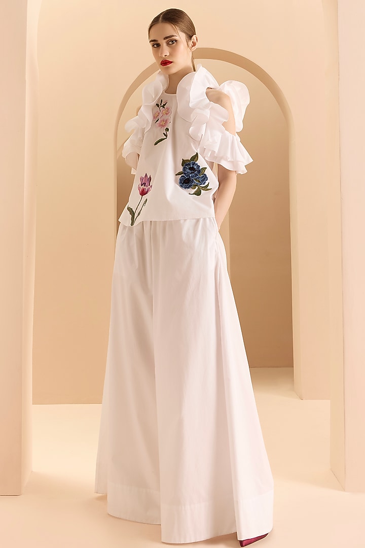 White Poplin Cotton Thread Embroidered Ruffled Co-Ord Set by Gauri and Nainika at Pernia's Pop Up Shop