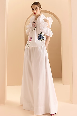 White Poplin Cotton Thread Embroidered Ruffled Co-Ord Set by Gauri and Nainika