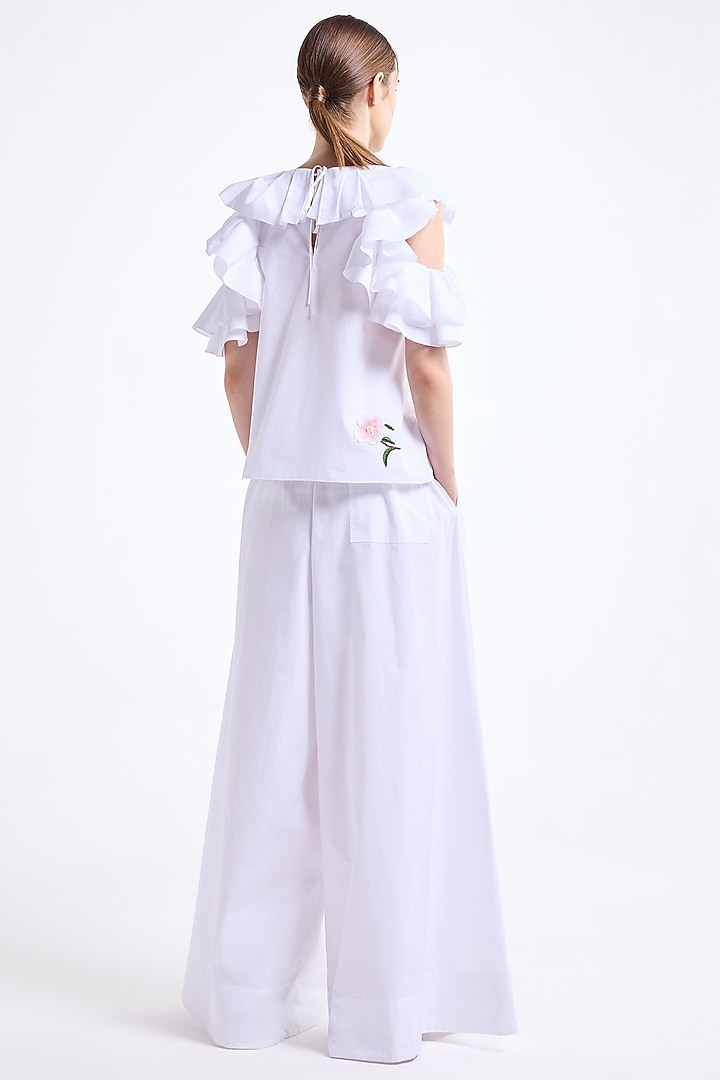White Poplin Cotton Thread Embroidered Ruffled Co-Ord Set by Gauri and Nainika at Pernia's Pop Up Shop