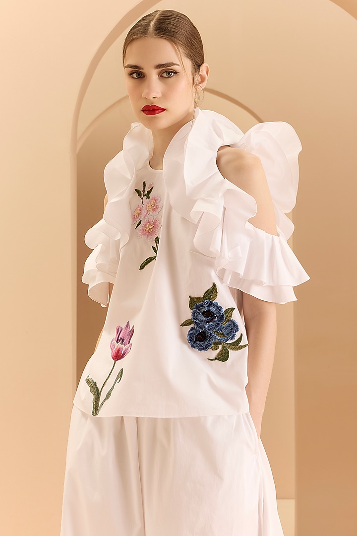 White Poplin Cotton Thread Embroidered Ruffled Co-Ord Set by Gauri and Nainika at Pernia's Pop Up Shop