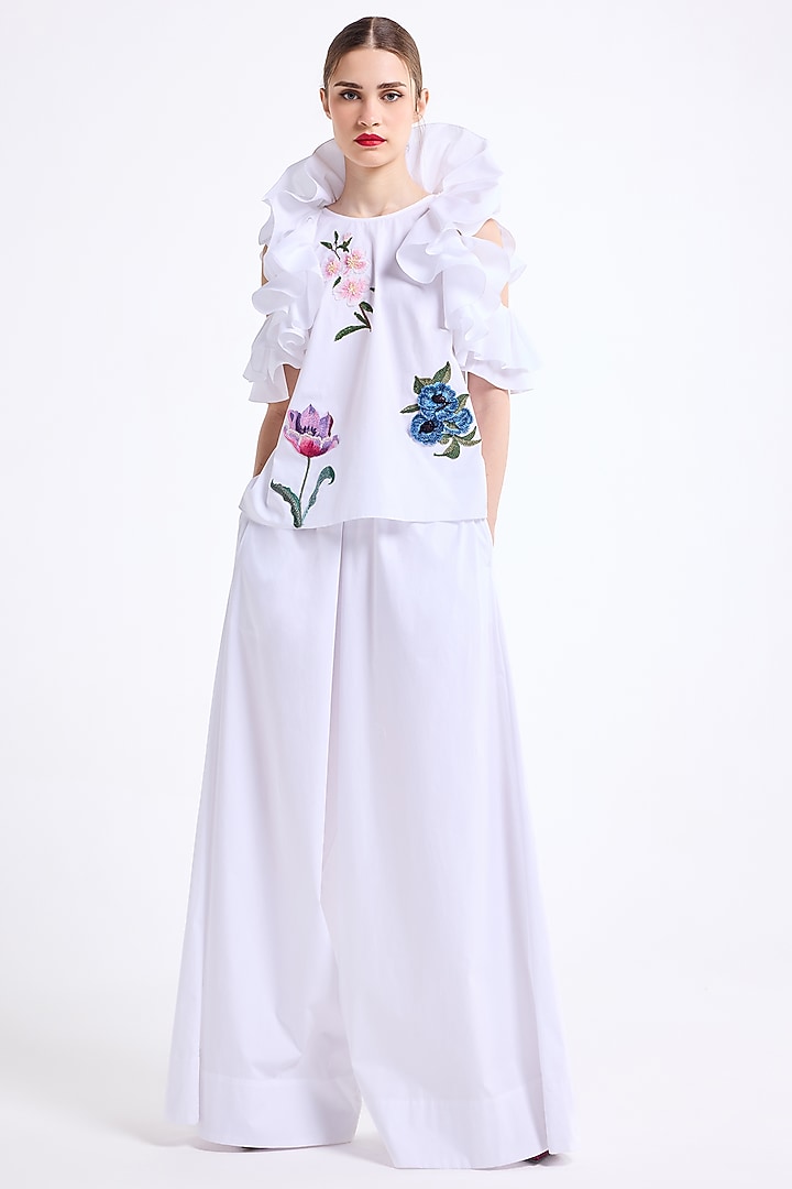 White Poplin Cotton Thread Embroidered Ruffled Co-Ord Set by Gauri and Nainika at Pernia's Pop Up Shop
