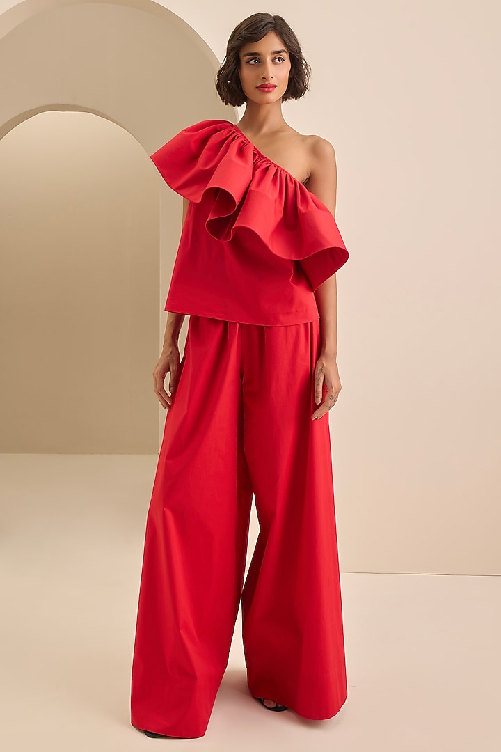 Red Cotton Ruffled Co-Ord Set by Gauri and Nainika at Pernia's Pop Up Shop