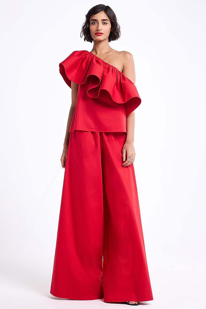 Red Cotton Ruffled Co-Ord Set by Gauri and Nainika at Pernia's Pop Up Shop