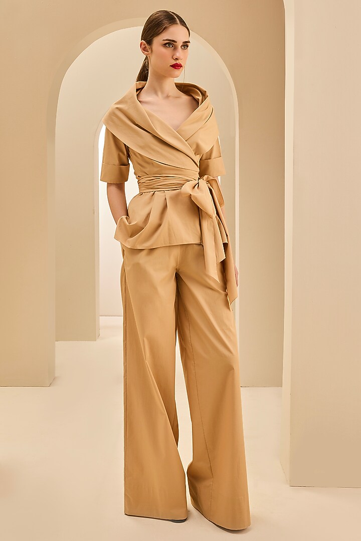 Camel Brown Poplin Cotton Co-Ord Set by Gauri and Nainika at Pernia's Pop Up Shop