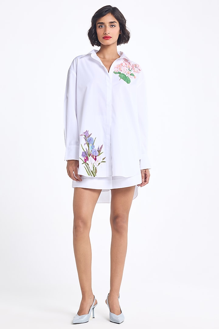 White Poplin Cotton Thread Embroidered Shirt by Gauri and Nainika at Pernia's Pop Up Shop