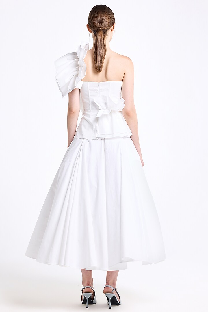 Cream Stretch Cotton Thread Embroidered One-Shoulder Ruffled Top by Gauri and Nainika at Pernia's Pop Up Shop