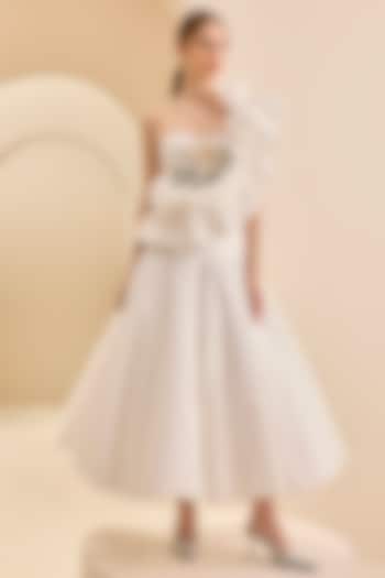 Cream Stretch Cotton Midi Skirt by Gauri and Nainika at Pernia's Pop Up Shop