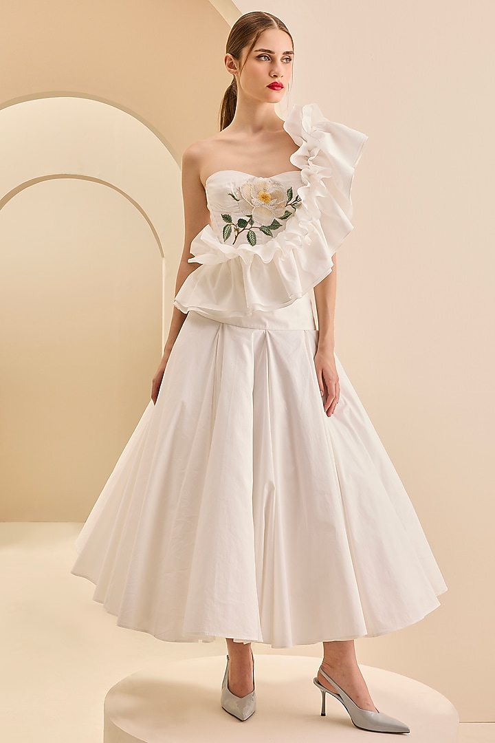 Cream Stretch Cotton Midi Skirt by Gauri and Nainika at Pernia's Pop Up Shop