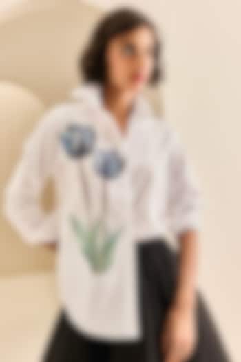 White Poplin Cotton Thread Embroidered Shirt by Gauri and Nainika at Pernia's Pop Up Shop