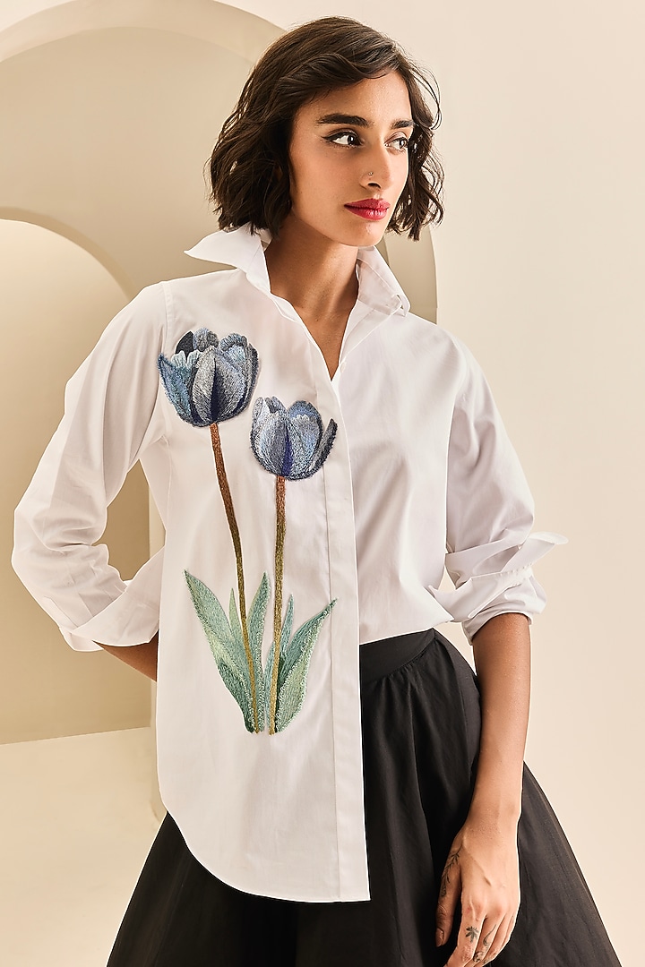 White Poplin Cotton Thread Embroidered Shirt by Gauri and Nainika at Pernia's Pop Up Shop