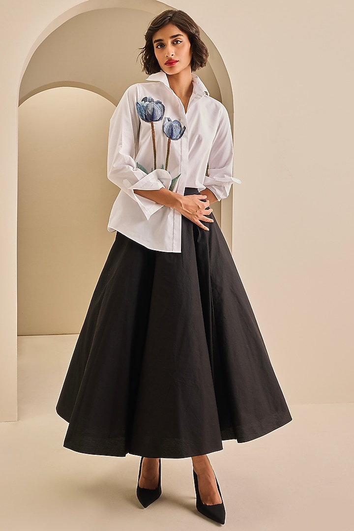 Black Cotton Midi Skirt by Gauri and Nainika at Pernia's Pop Up Shop