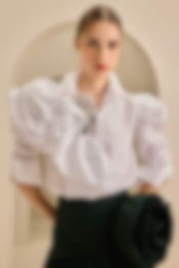 White Poplin Cotton Thread Embroidered Ruffled Shirt by Gauri and Nainika at Pernia's Pop Up Shop
