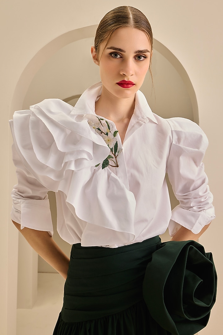 White Poplin Cotton Thread Embroidered Ruffled Shirt by Gauri and Nainika at Pernia's Pop Up Shop