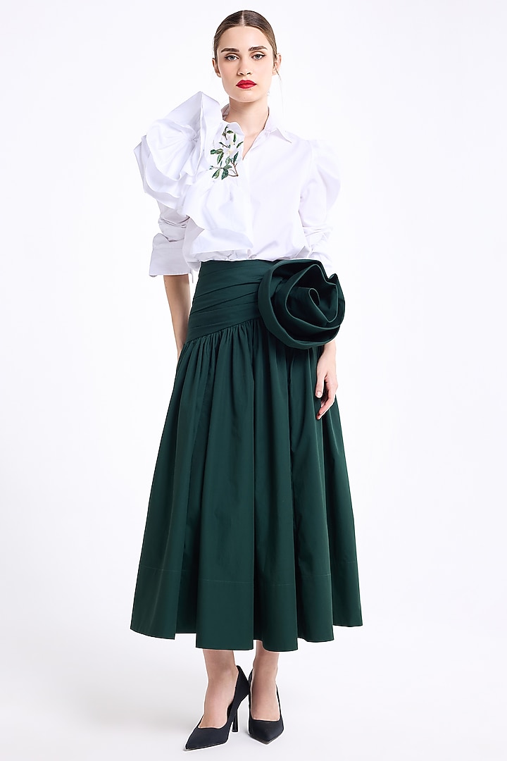 White Poplin Cotton Thread Embroidered Ruffled Shirt by Gauri and Nainika at Pernia's Pop Up Shop