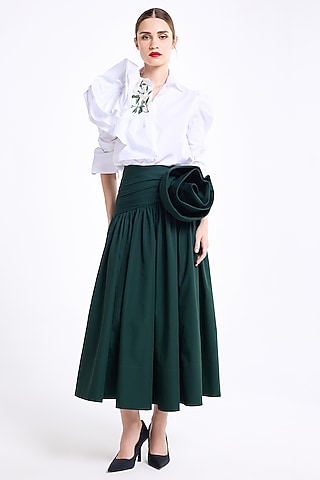 Military Green Poplin Cotton Draped Asymmetric Midi Skirt by Gauri and Nainika