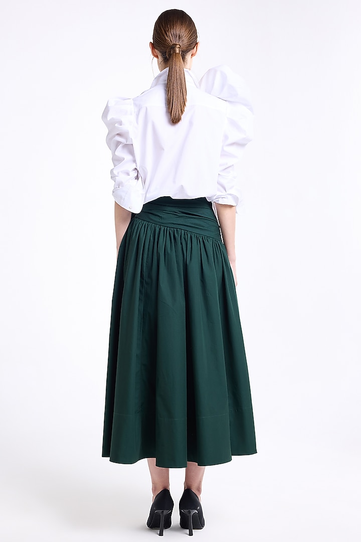 Military Green Poplin Cotton Draped Asymmetric Midi Skirt by Gauri and Nainika at Pernia's Pop Up Shop