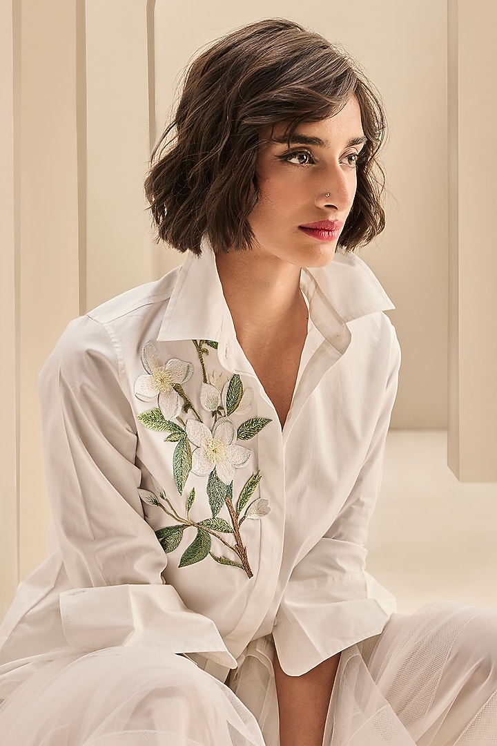 Cream Stretch Cotton Thread Embroidered Shirt by Gauri and Nainika at Pernia's Pop Up Shop
