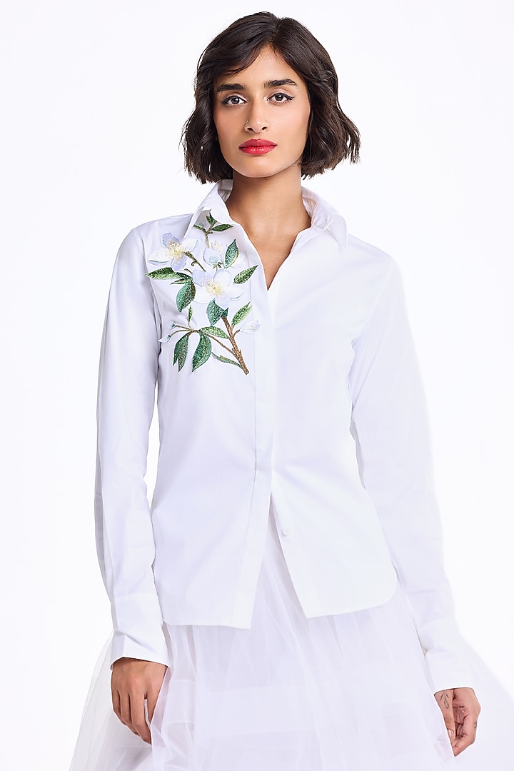 Cream Stretch Cotton Thread Embroidered Shirt by Gauri and Nainika at Pernia's Pop Up Shop
