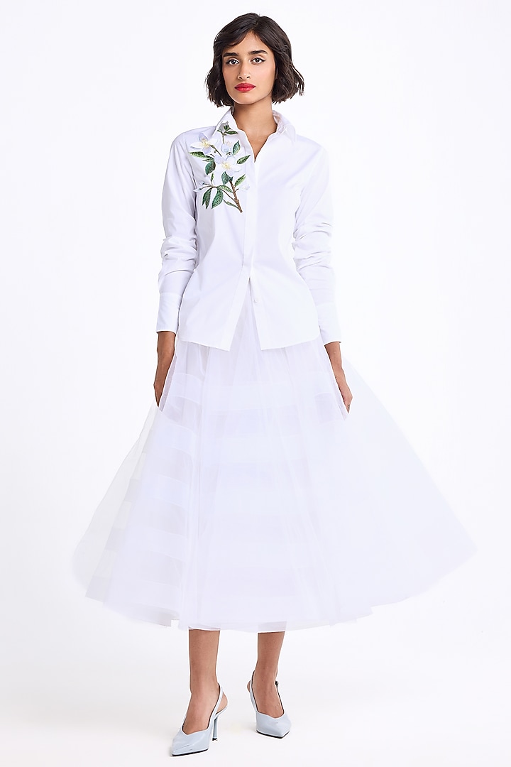 Cream Stretch Cotton Thread Embroidered Shirt by Gauri and Nainika at Pernia's Pop Up Shop