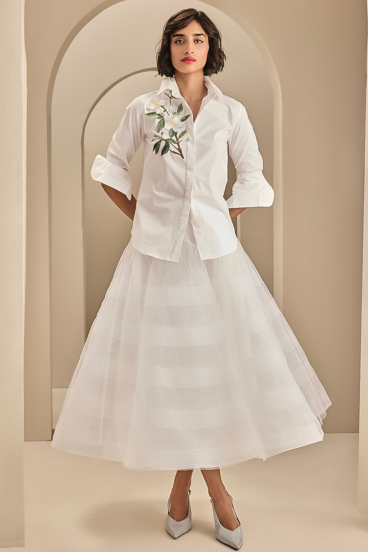 Ivory Tulle Midi Skirt by Gauri and Nainika at Pernia's Pop Up Shop