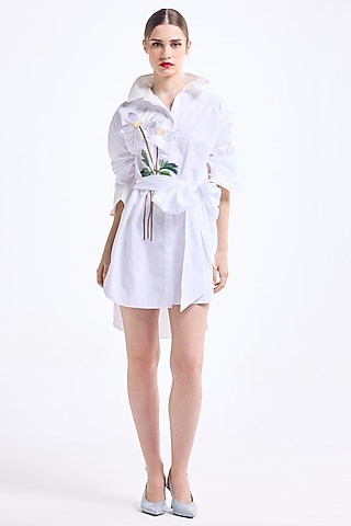 White Poplin Cotton Thread Embroidered Oversized Shirt Dress by Gauri and Nainika