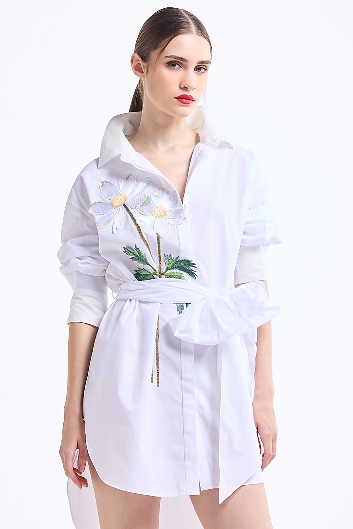 White Poplin Cotton Thread Embroidered Oversized Cocktail Shirt Dress by Gauri and Nainika at Pernia's Pop Up Shop