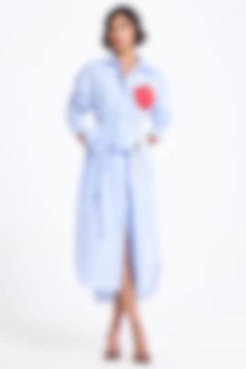 Cool Blue Poplin Cotton Thread Embroidered Oversized Cocktail Shirt Dress by Gauri and Nainika at Pernia's Pop Up Shop