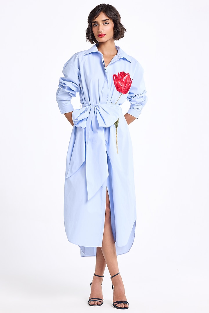 Cool Blue Poplin Cotton Thread Embroidered Oversized Cocktail Shirt Dress by Gauri and Nainika at Pernia's Pop Up Shop