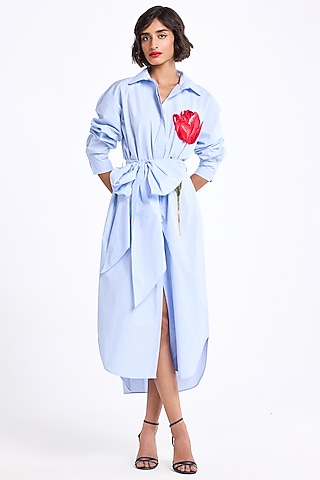 Cool Blue Poplin Cotton Thread Embroidered Oversized Shirt Dress by Gauri and Nainika