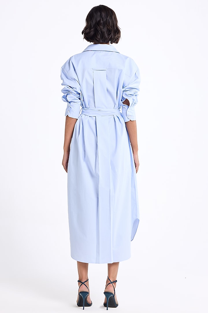 Cool Blue Poplin Cotton Thread Embroidered Oversized Cocktail Shirt Dress by Gauri and Nainika at Pernia's Pop Up Shop