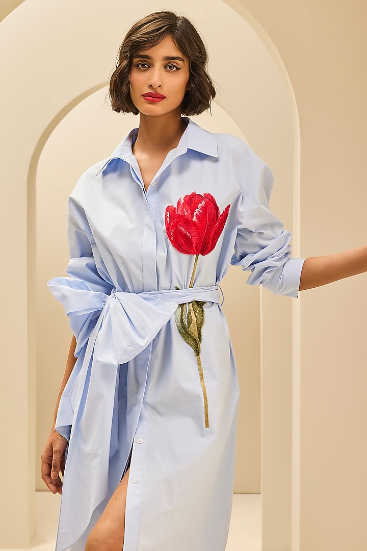 Cool Blue Poplin Cotton Thread Embroidered Oversized Cocktail Shirt Dress by Gauri and Nainika at Pernia's Pop Up Shop