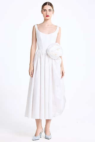 Cream Stretch Cotton Off-Shoulder Midi Dress by Gauri and Nainika