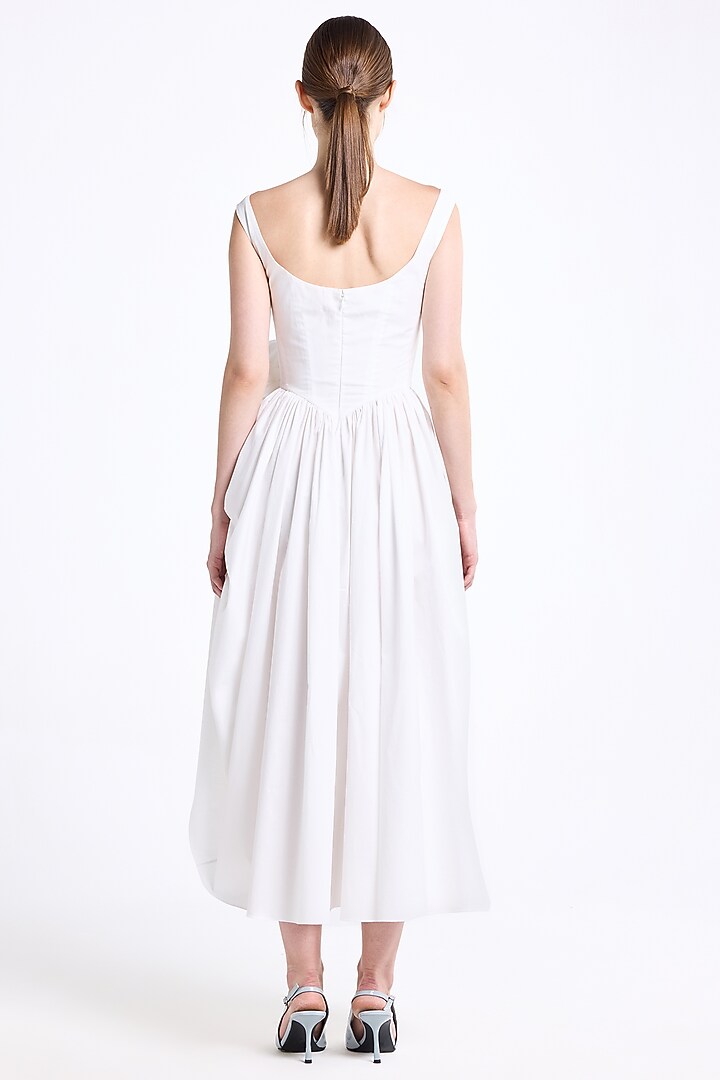 Cream Stretch Cotton Off-Shoulder Midi Cocktail Dress by Gauri and Nainika at Pernia's Pop Up Shop