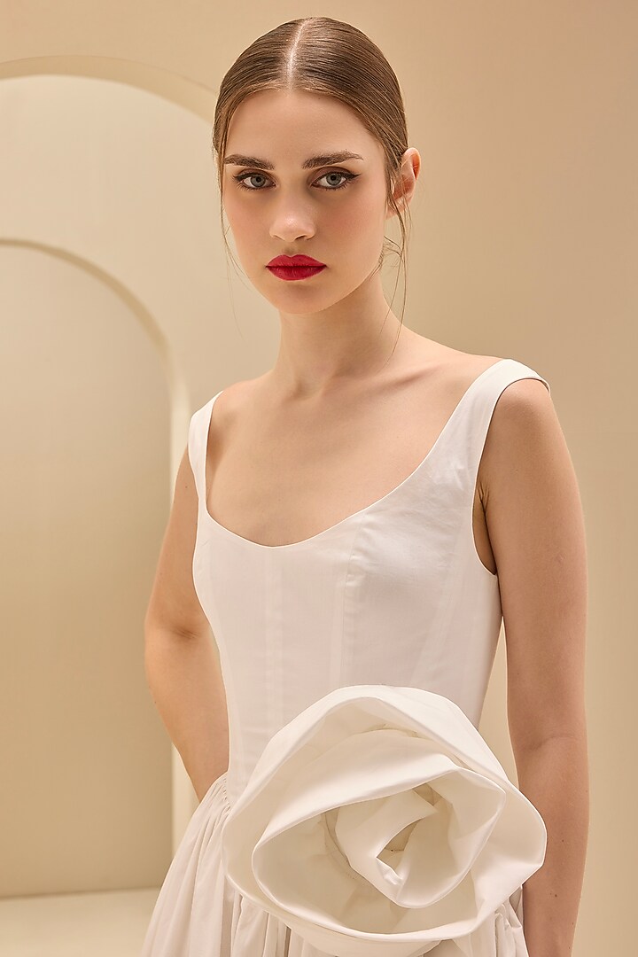 Cream Stretch Cotton Off-Shoulder Midi Cocktail Dress by Gauri and Nainika at Pernia's Pop Up Shop