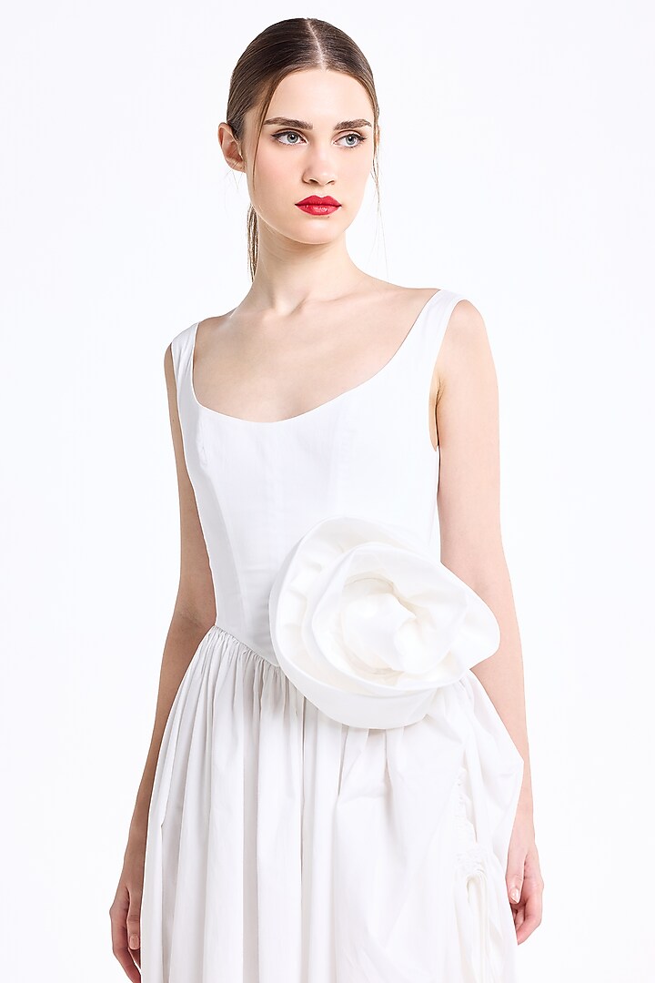 Cream Stretch Cotton Off-Shoulder Midi Cocktail Dress by Gauri and Nainika at Pernia's Pop Up Shop