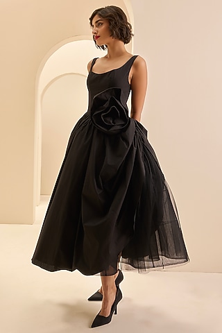 Black Stretch Cotton Off-Shoulder Midi Dress by Gauri and Nainika