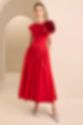 Red Cotton Floral Draped Midi Party Wear Dress by Gauri and Nainika at Pernia's Pop Up Shop
