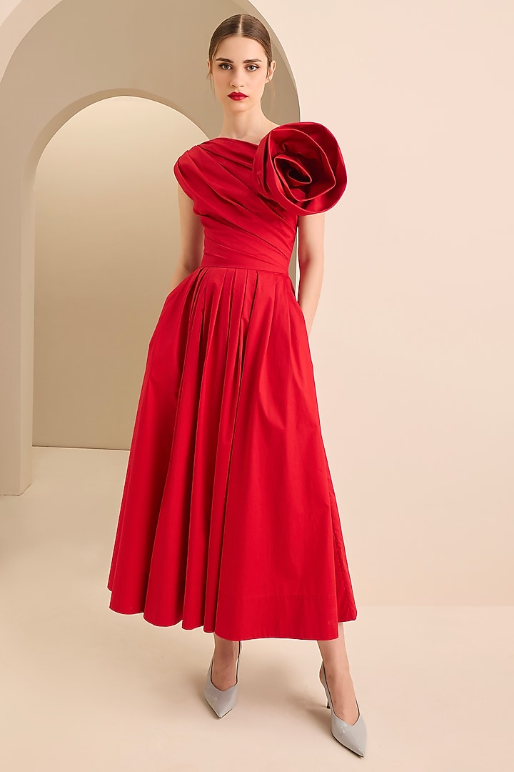 Red Cotton Floral Draped Midi Party Wear Dress by Gauri and Nainika at Pernia's Pop Up Shop