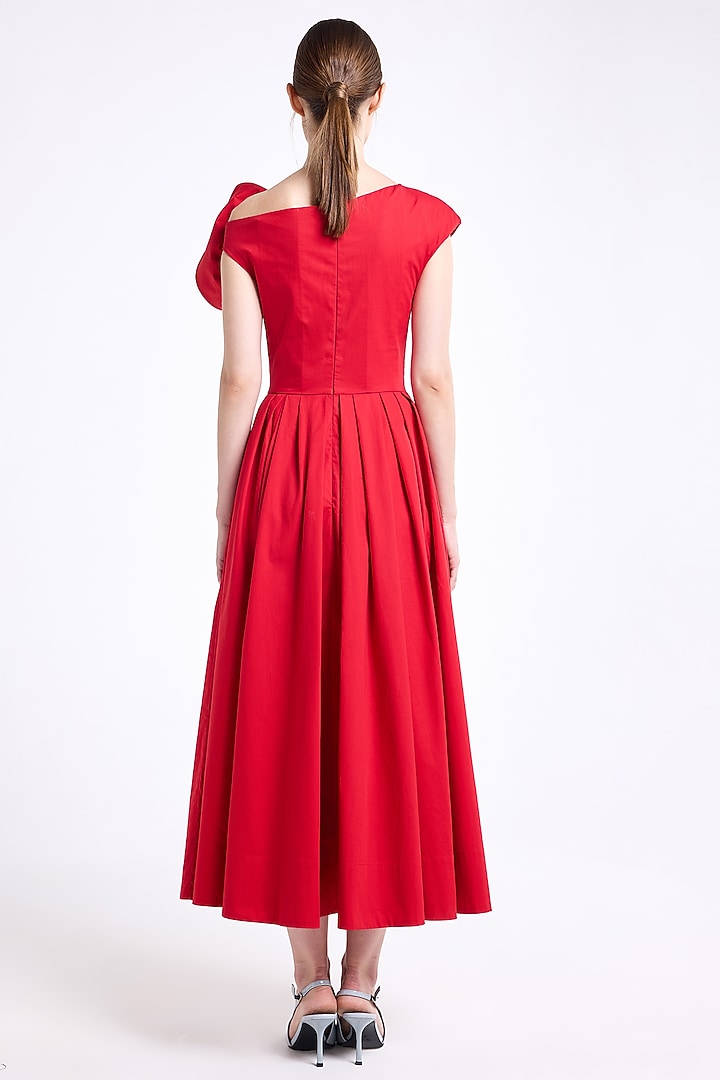 Red Cotton Floral Draped Midi Cocktail Dress by Gauri and Nainika at Pernia's Pop Up Shop