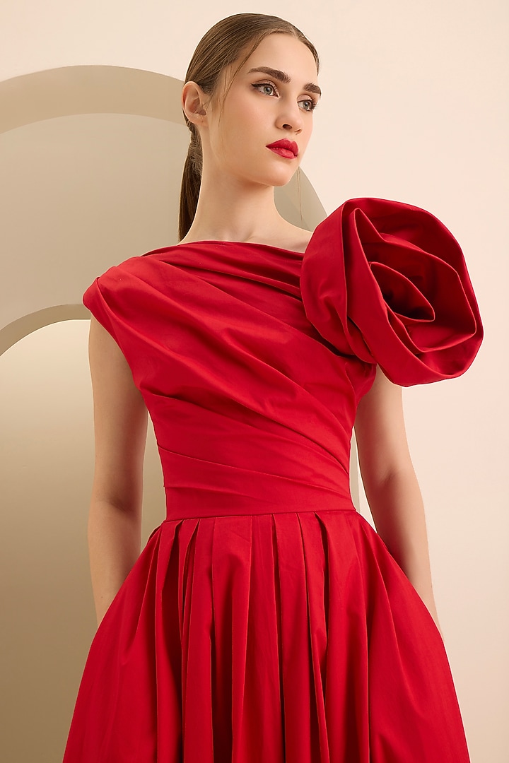 Red Cotton Floral Draped Midi Cocktail Dress by Gauri and Nainika at Pernia's Pop Up Shop