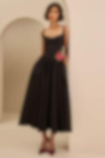 Black Cotton Floral Midi Cocktail Dress by Gauri And Nainika at Pernia's Pop Up Shop
