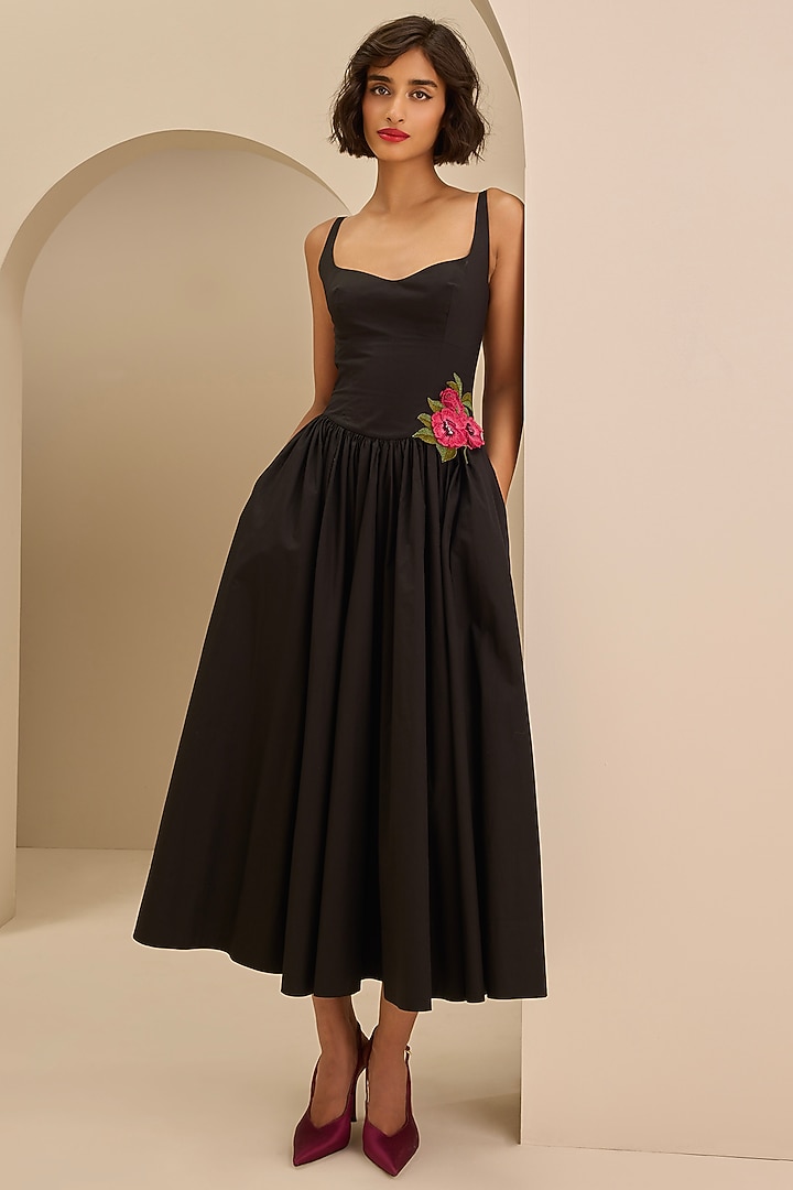 Black Cotton Floral Midi Cocktail Dress by Gauri And Nainika at Pernia's Pop Up Shop
