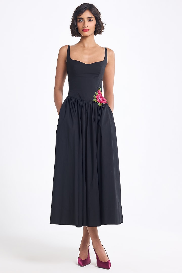 Black Cotton Floral Midi Cocktail Dress by Gauri And Nainika at Pernia's Pop Up Shop