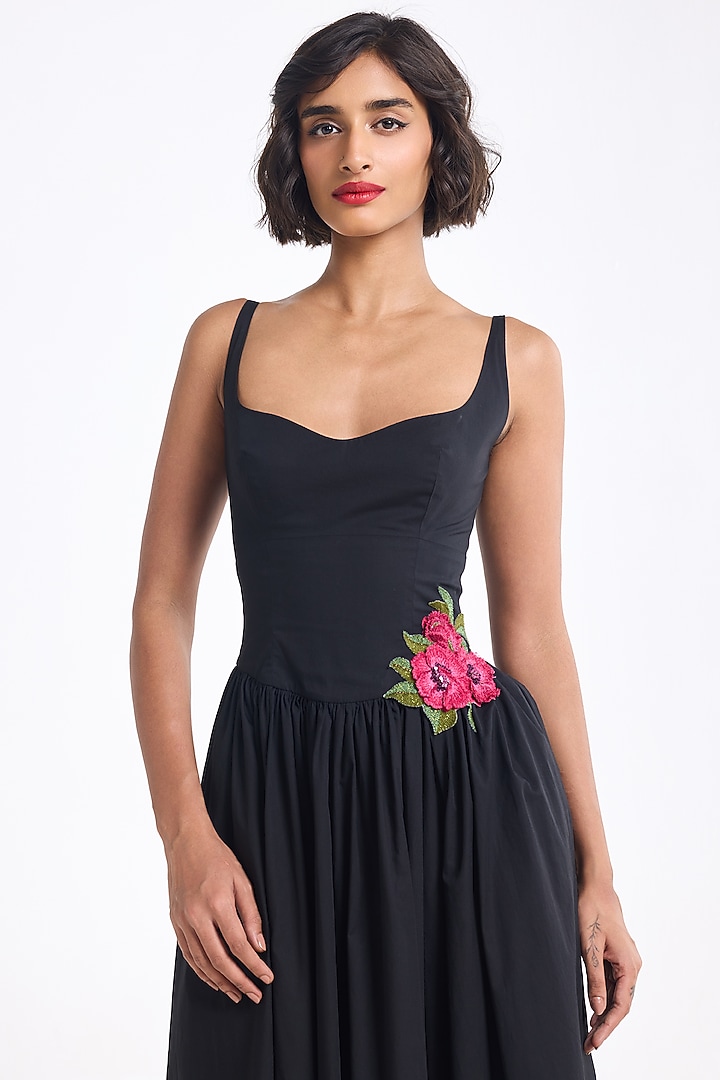 Black Cotton Floral Midi Cocktail Dress by Gauri And Nainika at Pernia's Pop Up Shop