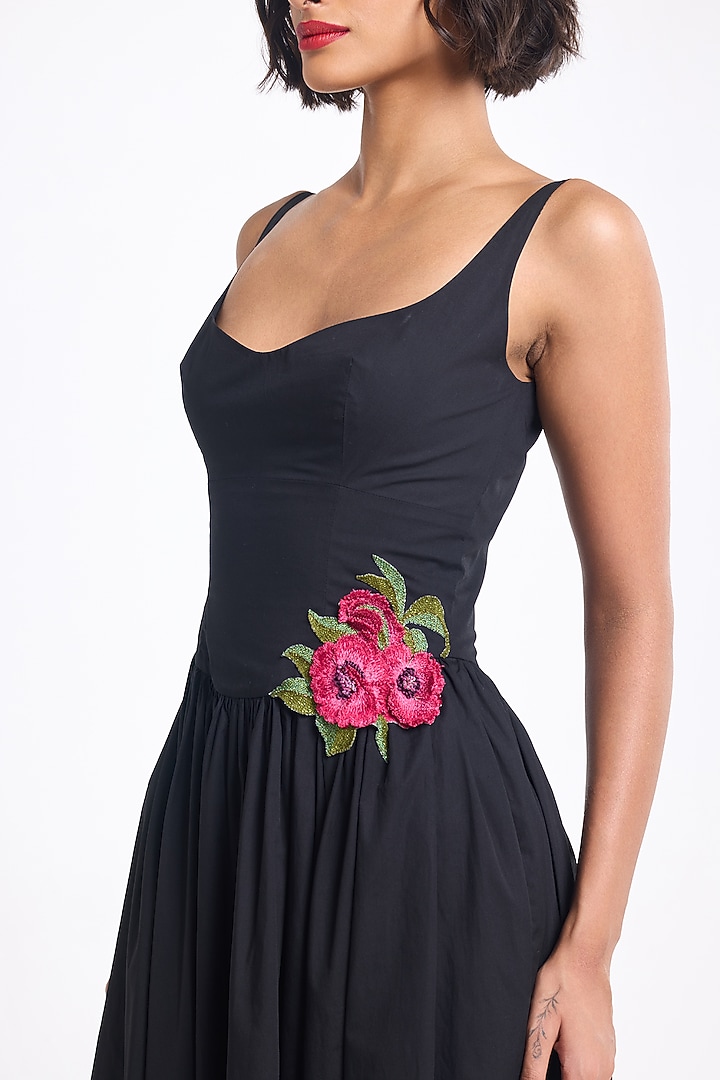 Black Cotton Floral Midi Cocktail Dress by Gauri And Nainika at Pernia's Pop Up Shop