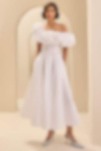 White Poplin Cotton Off-Shoulder Ruffled Midi Cocktail Dress by Gauri And Nainika at Pernia's Pop Up Shop