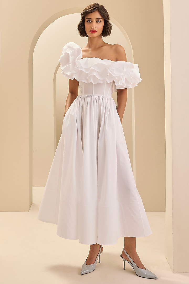 White Poplin Cotton Off-Shoulder Ruffled Midi Cocktail Dress by Gauri And Nainika at Pernia's Pop Up Shop