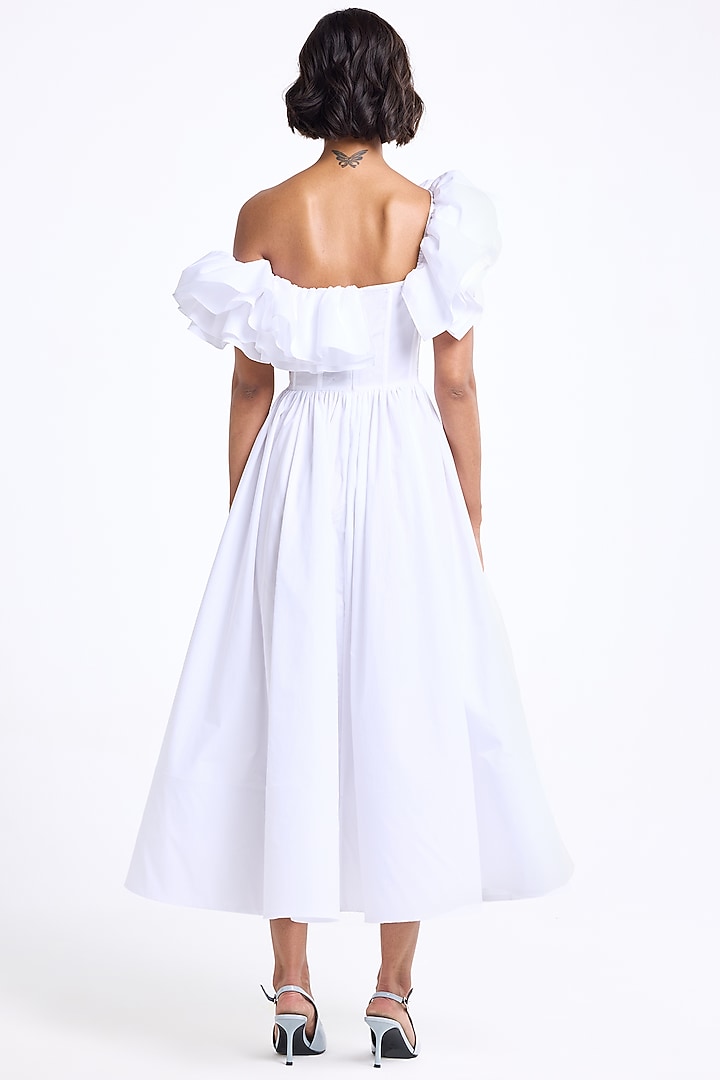 White Poplin Cotton Off-Shoulder Ruffled Midi Cocktail Dress by Gauri And Nainika at Pernia's Pop Up Shop
