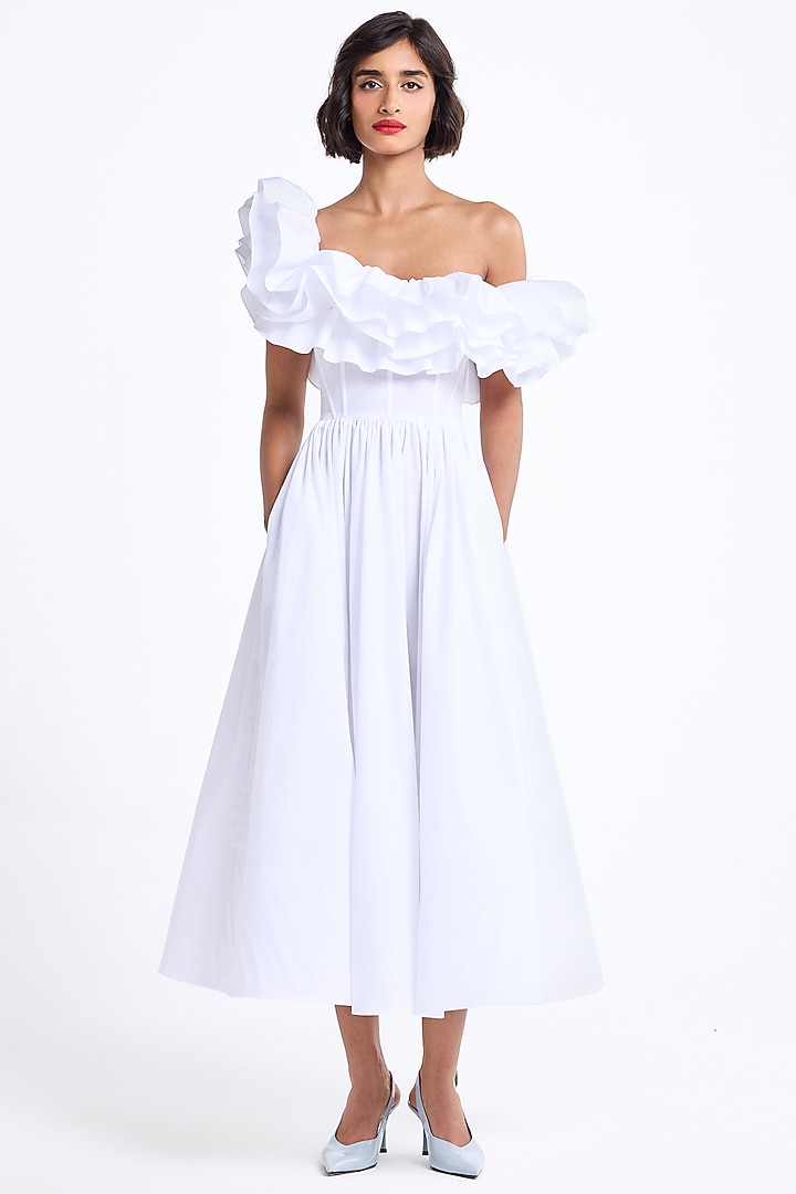 White Poplin Cotton Off-Shoulder Ruffled Midi Cocktail Dress by Gauri And Nainika at Pernia's Pop Up Shop