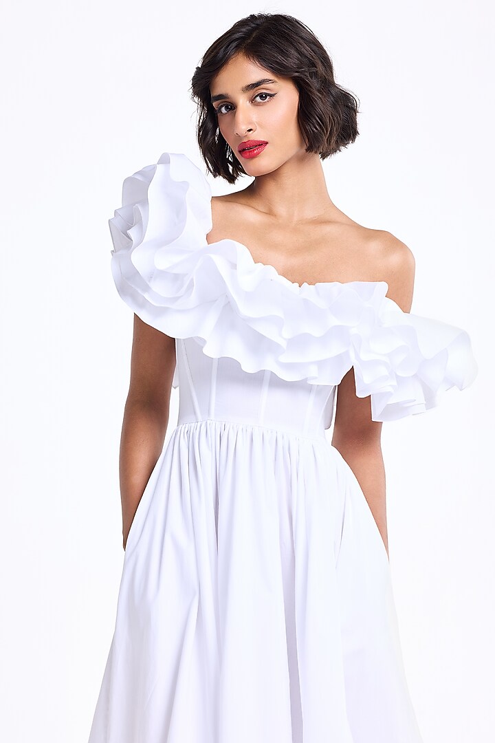 White Poplin Cotton Off-Shoulder Ruffled Midi Cocktail Dress by Gauri And Nainika at Pernia's Pop Up Shop